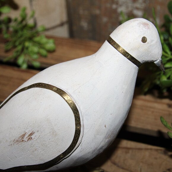 White Shabby VTG Wood & Brass Decorative Bird Decor Object - Picture 7 of 8